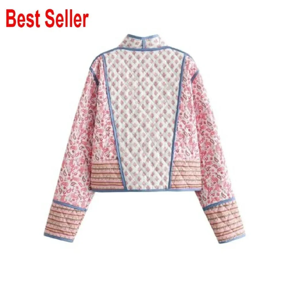 Reversible Quilted Cropped Jacket Floral Print Lightweight Puffer Chic